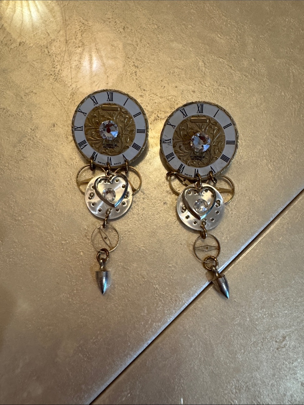 Gold & Silver Heart Drop Steampunk Earrings